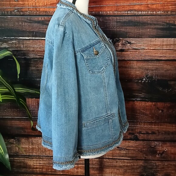 Chico's Jean Jacket 2 Large Chauncey Chain Fringe Open Front Cropped 3/4 Sleeves - Picture 5 of 11